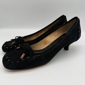 Kate Spade Black Laney Suede Square Toe Kitten Heel Pumps Whipstitch Bow Size 9M